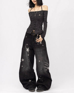 Loose Fit Star Pattern Baggy Jeans