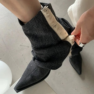 Y2K Style Distressed Black Denim Boots