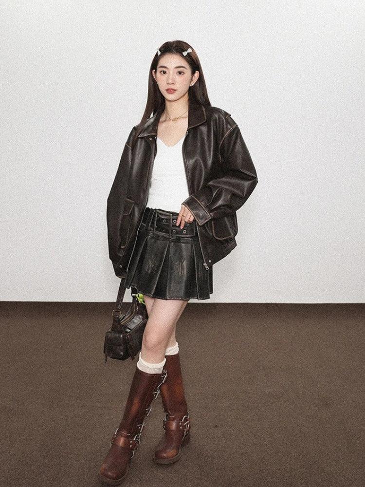 Grunge Faux Leather Pleated Mini Skirt