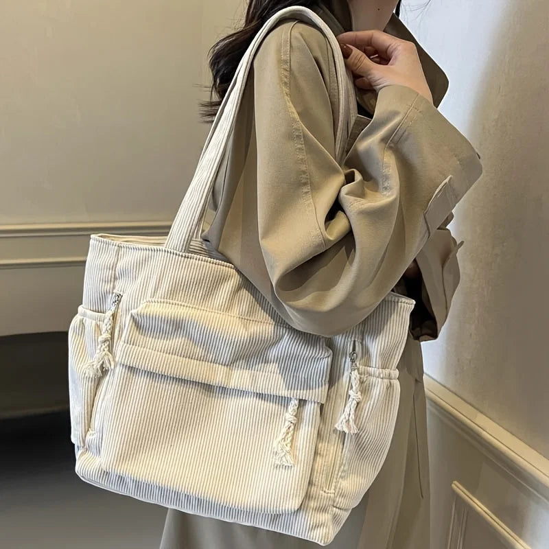 Multi Pocket Corduroy Tote Bag