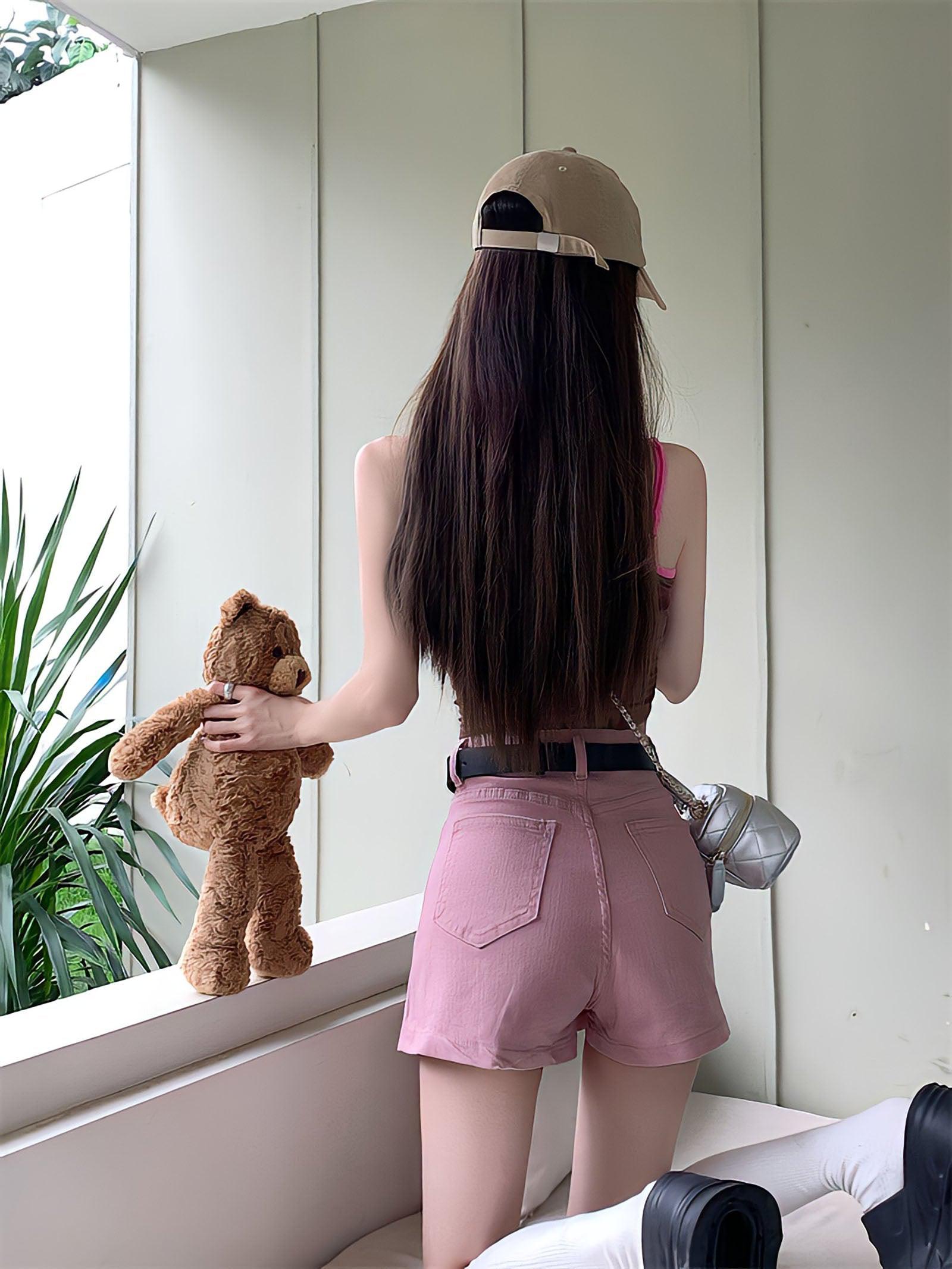 Pink Side Slit Denim Mini Skort