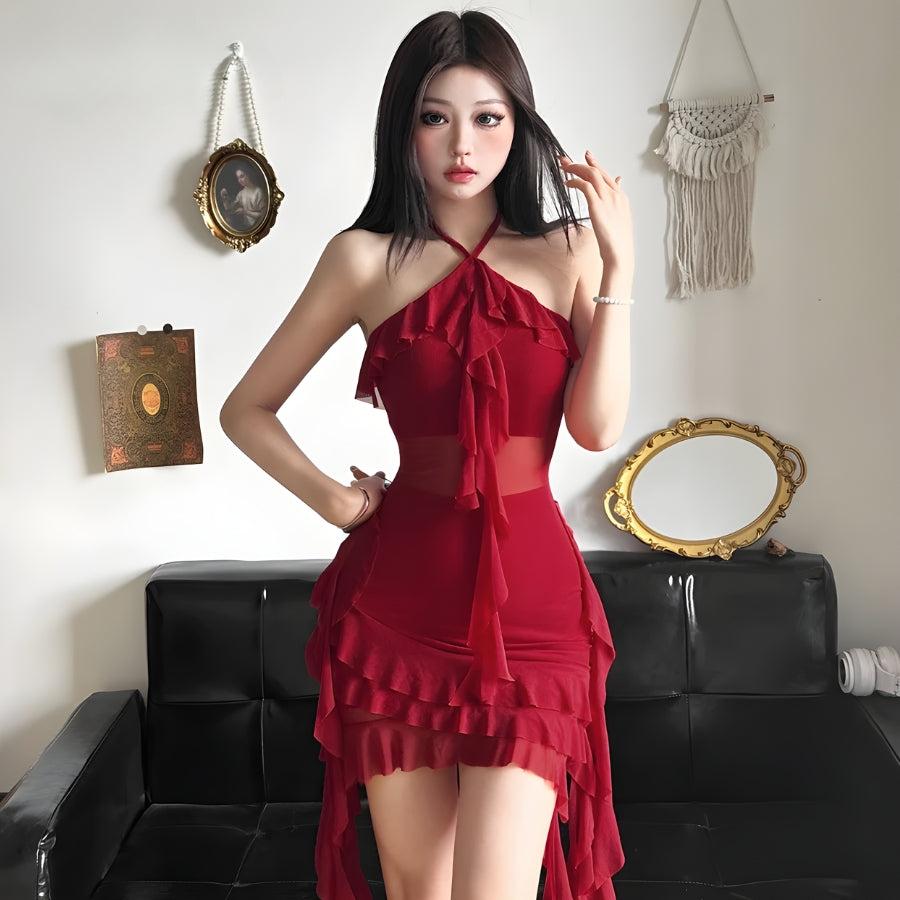 Ruffled Halter Neck Mini Dress