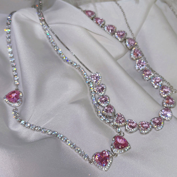 Y2K Pink Heart Rhinestone Necklace