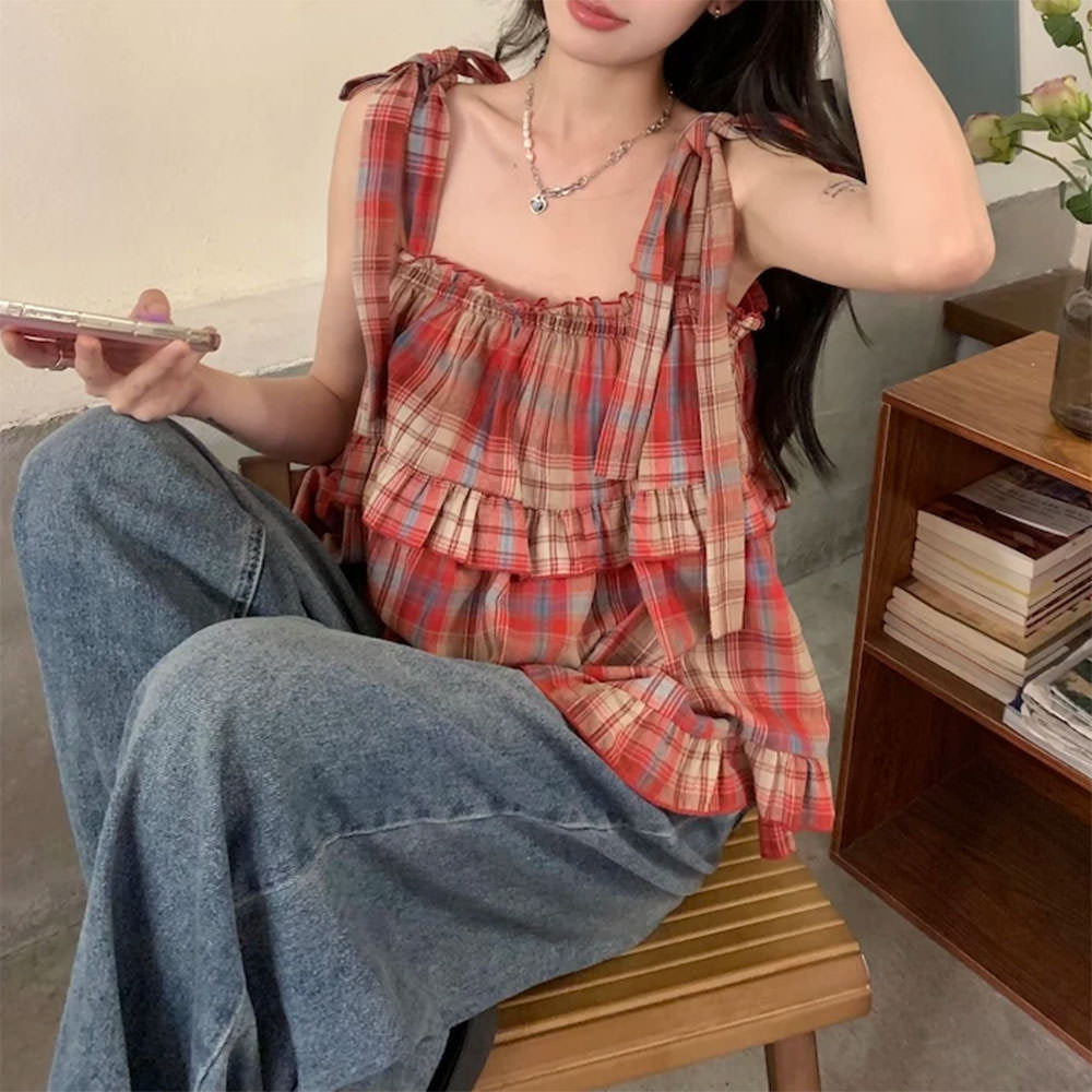 Grandma Aesthetic Plaid Bow-Tie Top