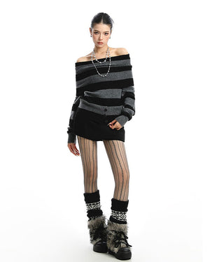 Black and Grey Off-Shoulder Knit Top