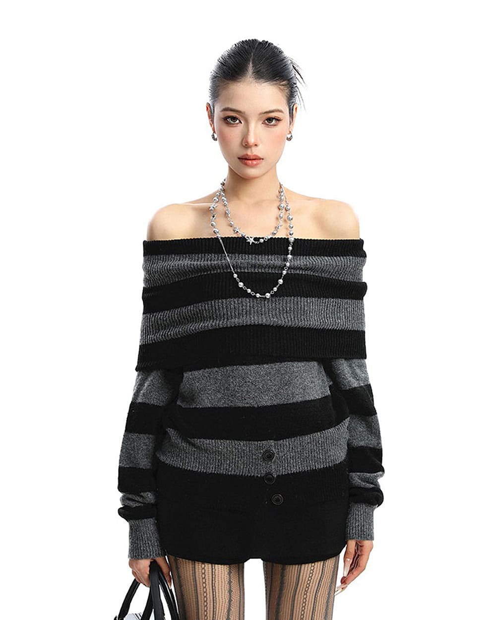 Black and Grey Off-Shoulder Knit Top