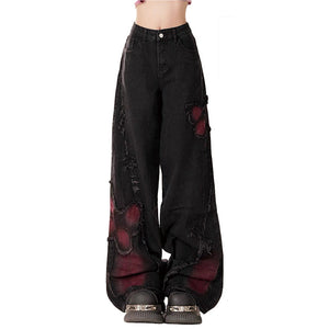 Grunge Aesthetic Black & Red Butterfly Jeans