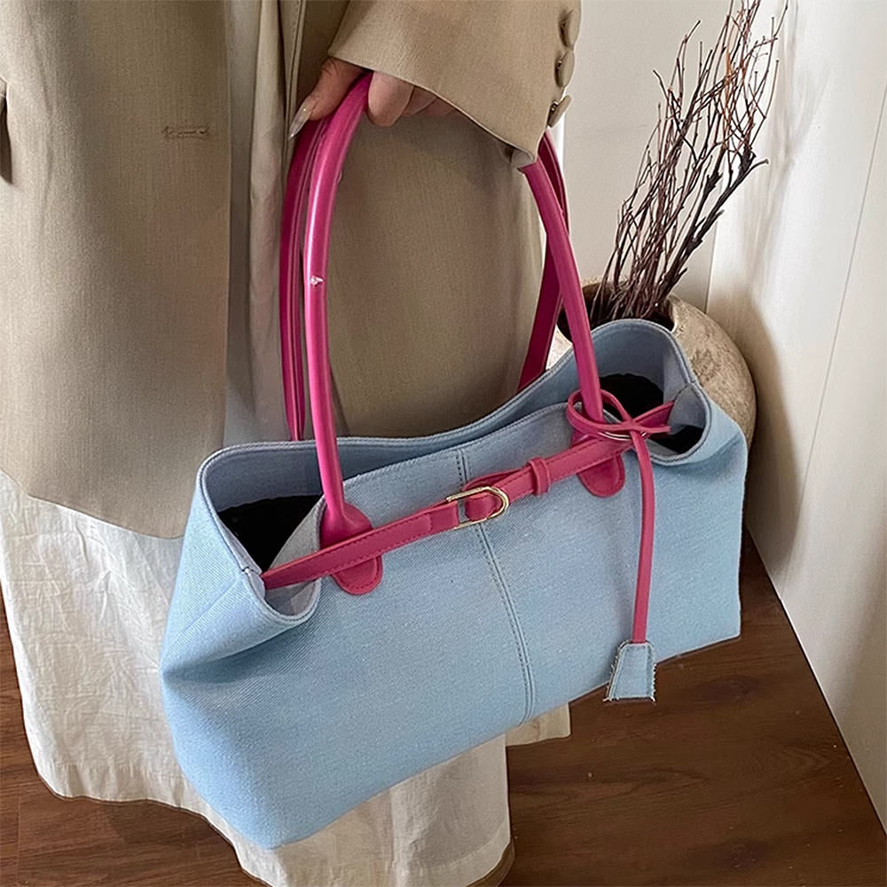 Color Block Denim Belted Bag