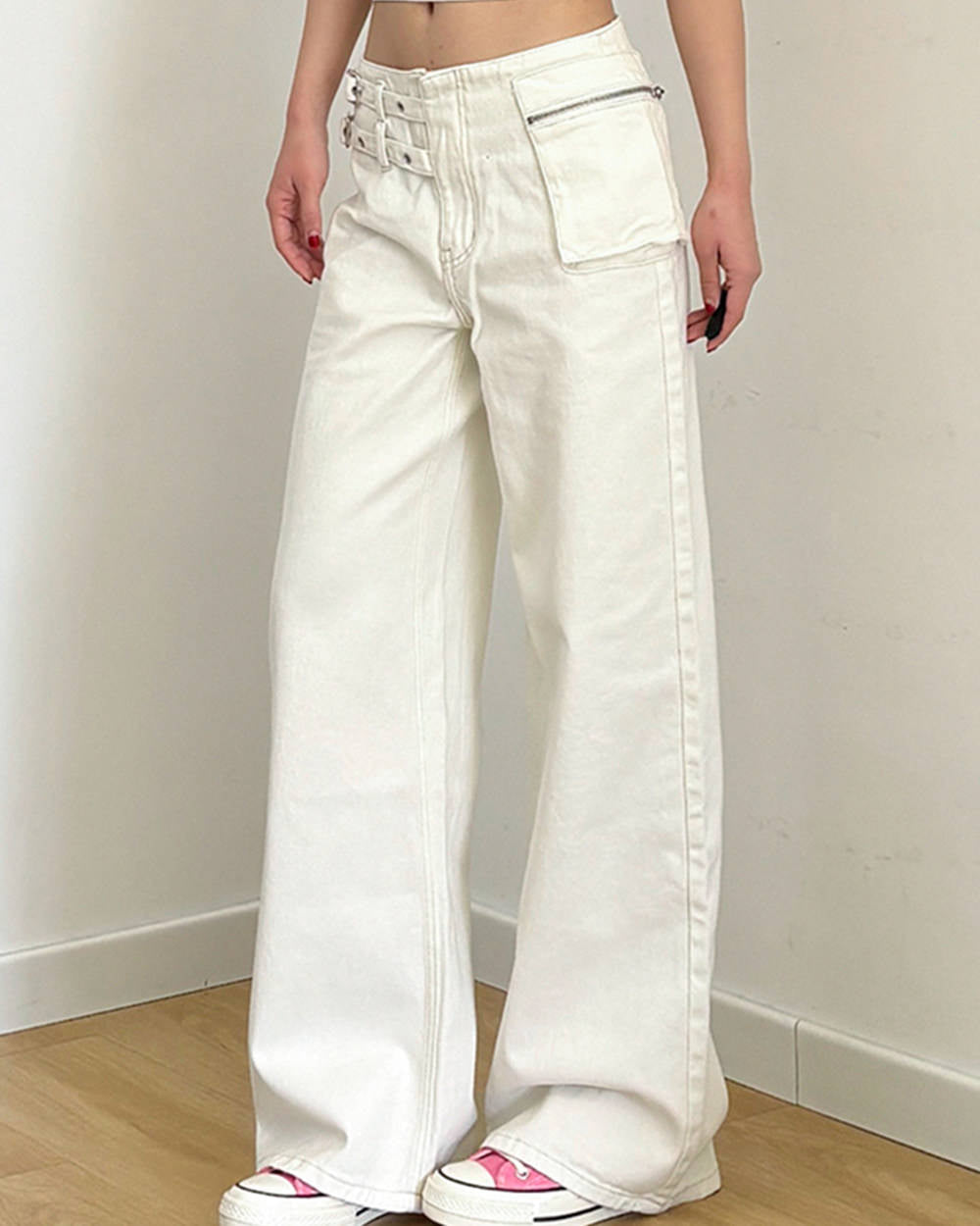 Double-Buckle Wide Leg Jeans