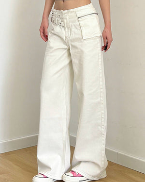 Double-Buckle Wide Leg Jeans