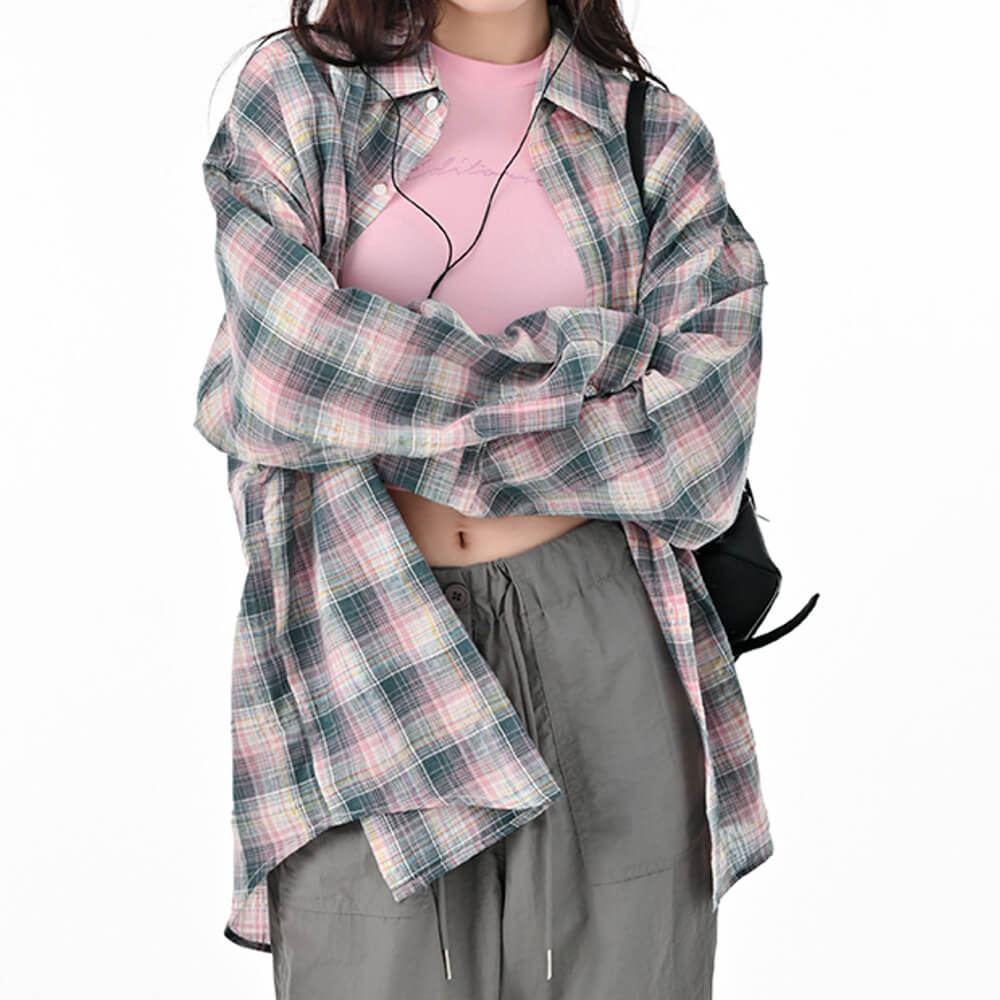 Pink and Green Plaid Button-Up Shirt
