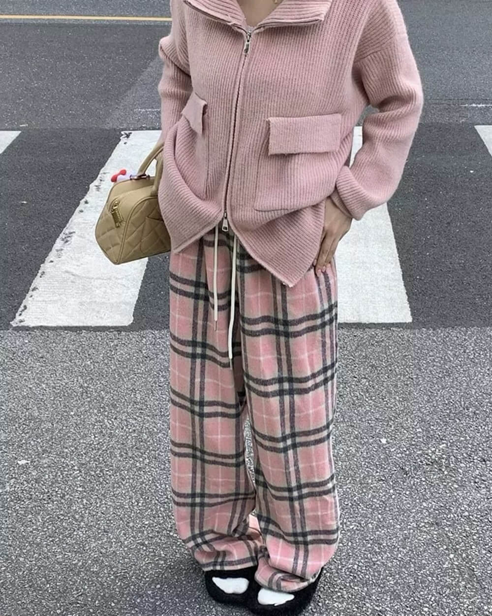 Pink Plaid Wide Leg Pants