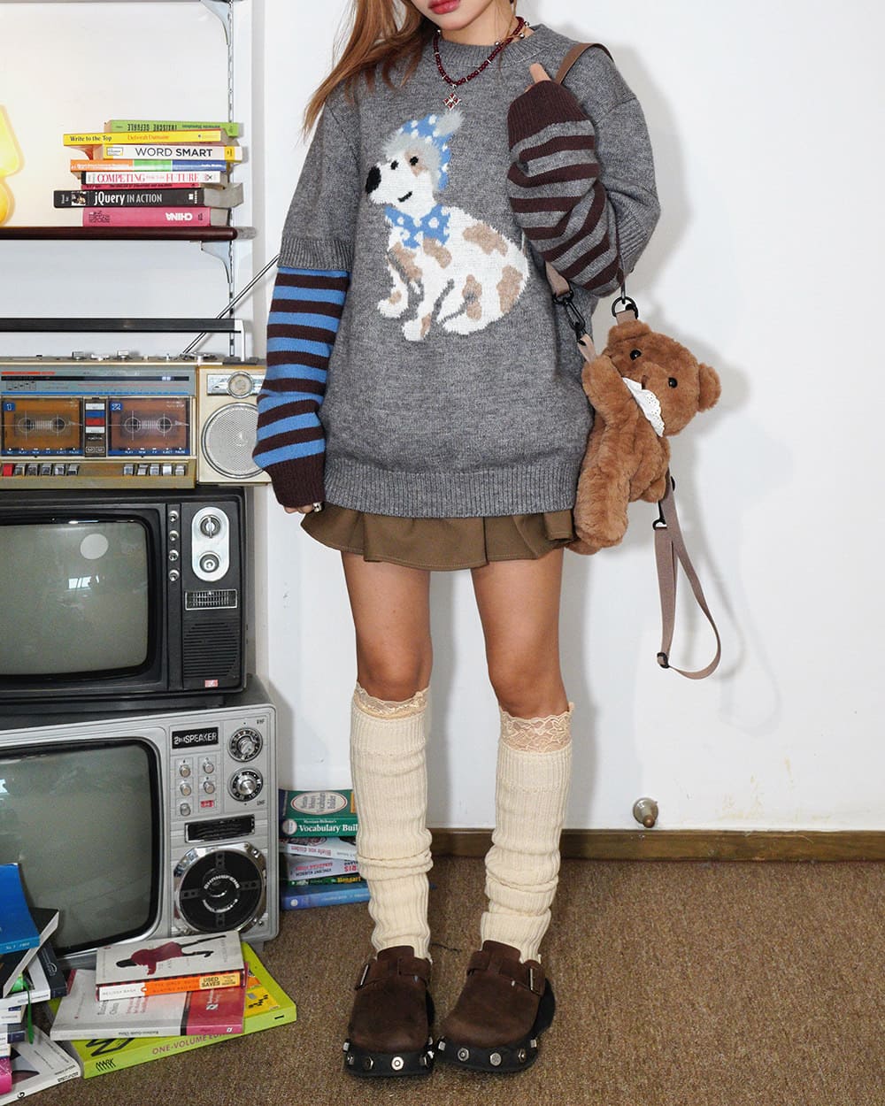 Puppy Print Striped Sleeve Jumper