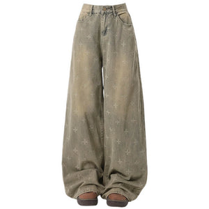 Washed Cross Print Wide Leg Jeans
