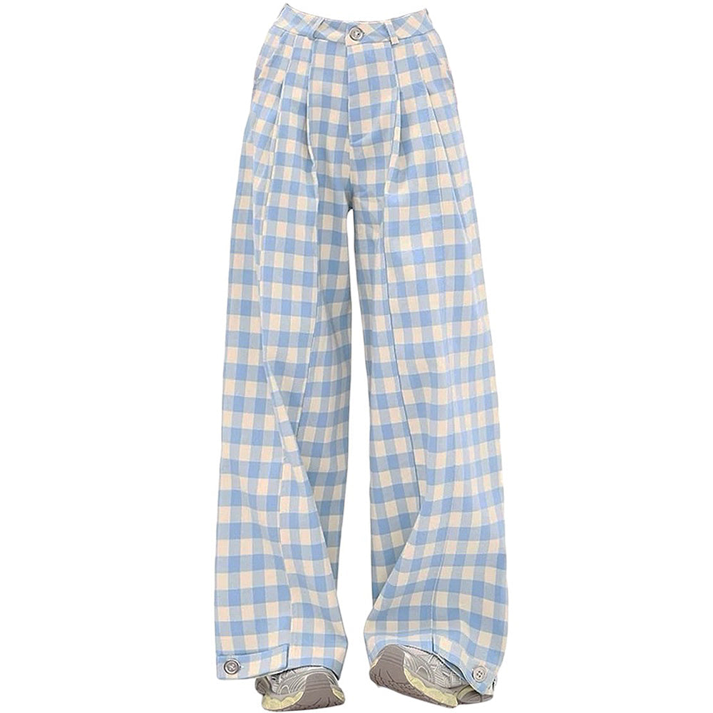 Wide-Leg Blue Gingham Trousers