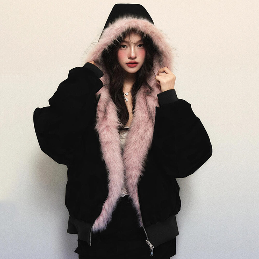 Y2K Fur-Lined Zip-Up Jacket