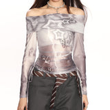 Y2K Star Mesh Off-Shoulder Long Sleeve Top