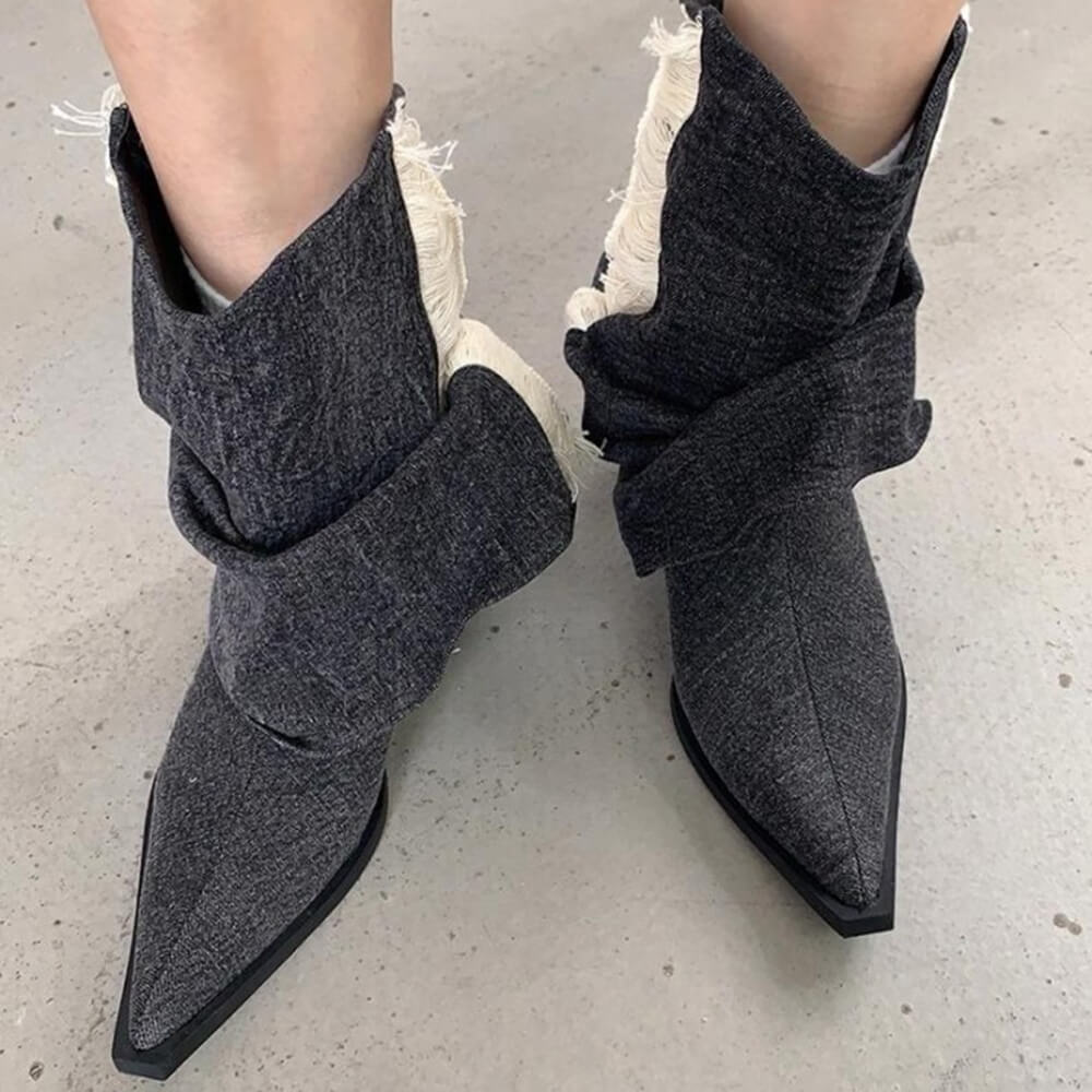 Y2K Style Distressed Black Denim Boots