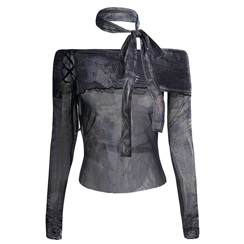 Y2K Tie-Dye Mesh Off-Shoulder Top